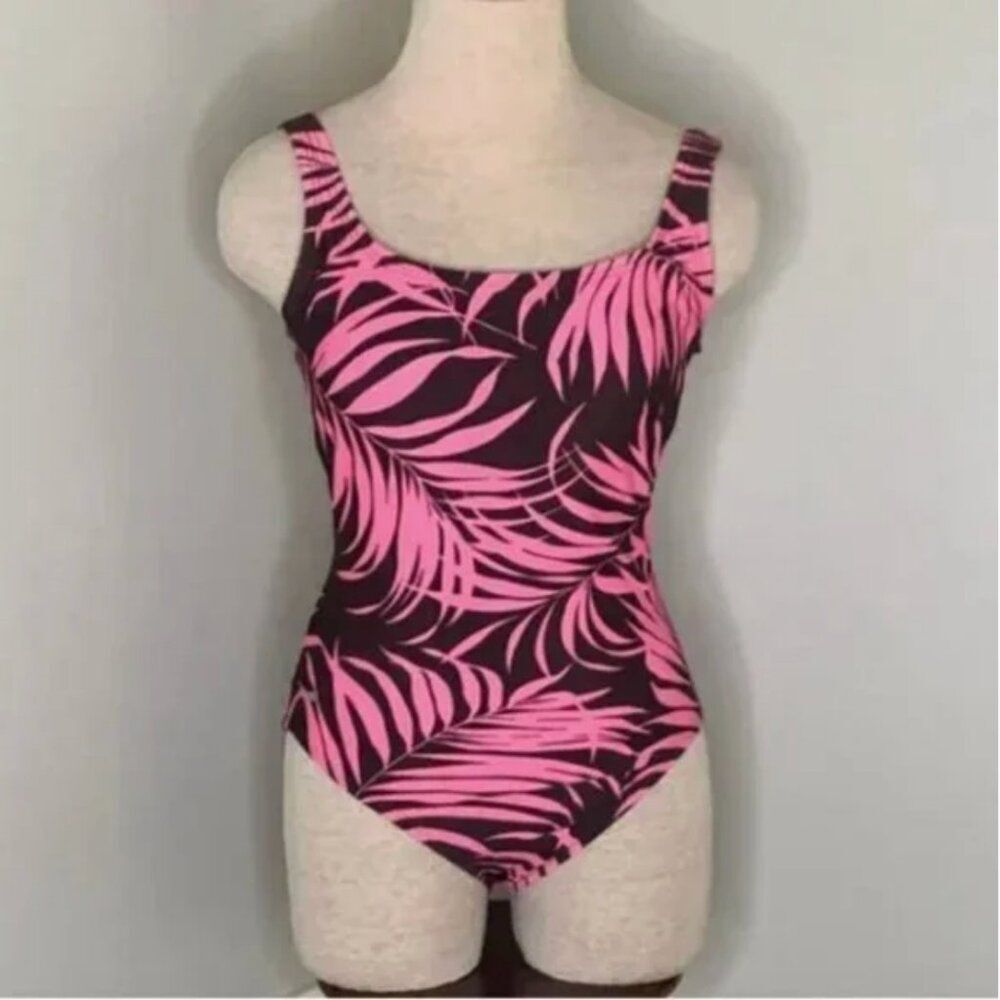 Speedo One Piece Palm Print Pink and Brown Swim Suit Size 8